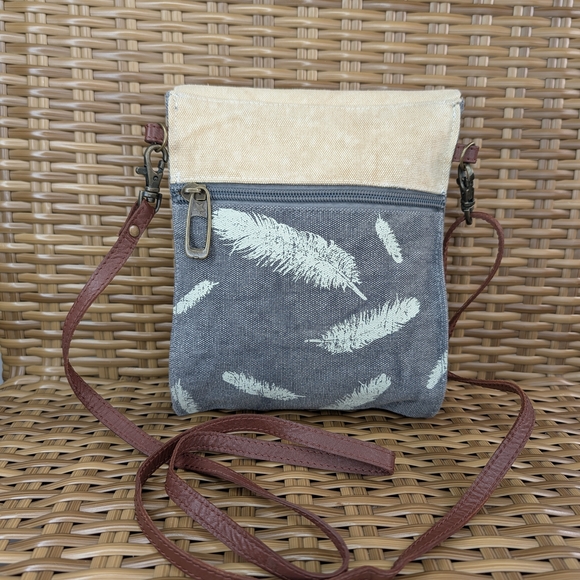 Primitives By Kathy Canvas Crossbody Bag Faux Leather Shoulder Strap Feathers - Picture 4 of 16